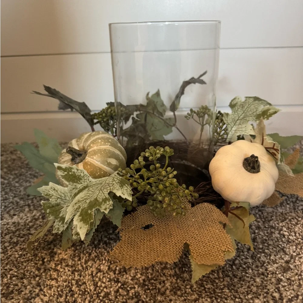 Autumn Harvest Glass Candle Holder with Green and Cream Accents
